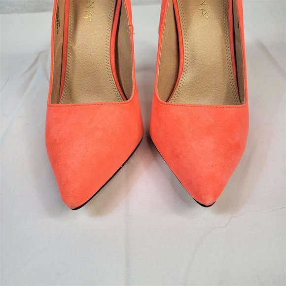 Liliana Neon Coral Faux Suede Single Sole Pointy Toe Pump 5" Heel Shoe - Picture 7 of 9